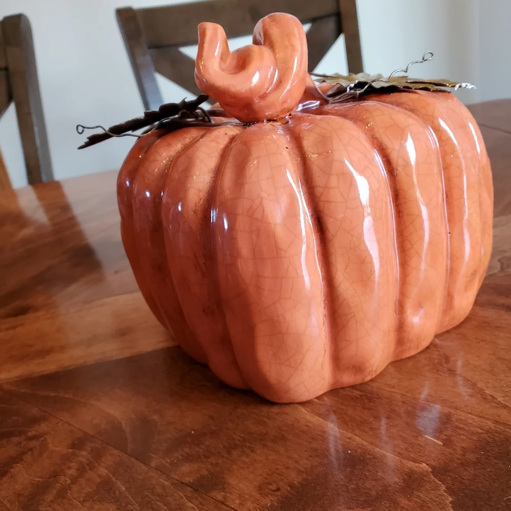Ceramic Pumpkin with metal leaves